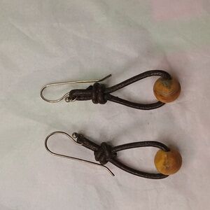 Tan marble stone round bead on brown leather like material lightweight earrings